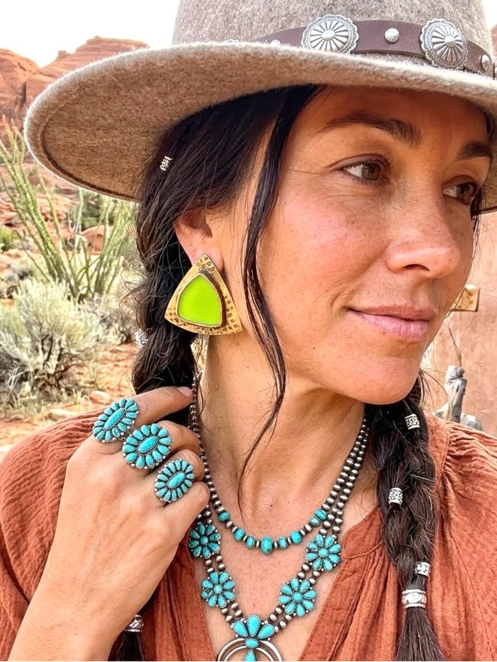 Artisan brass Green Statement Triangle Earrings  midcentury YTK retro Gypsy vibe